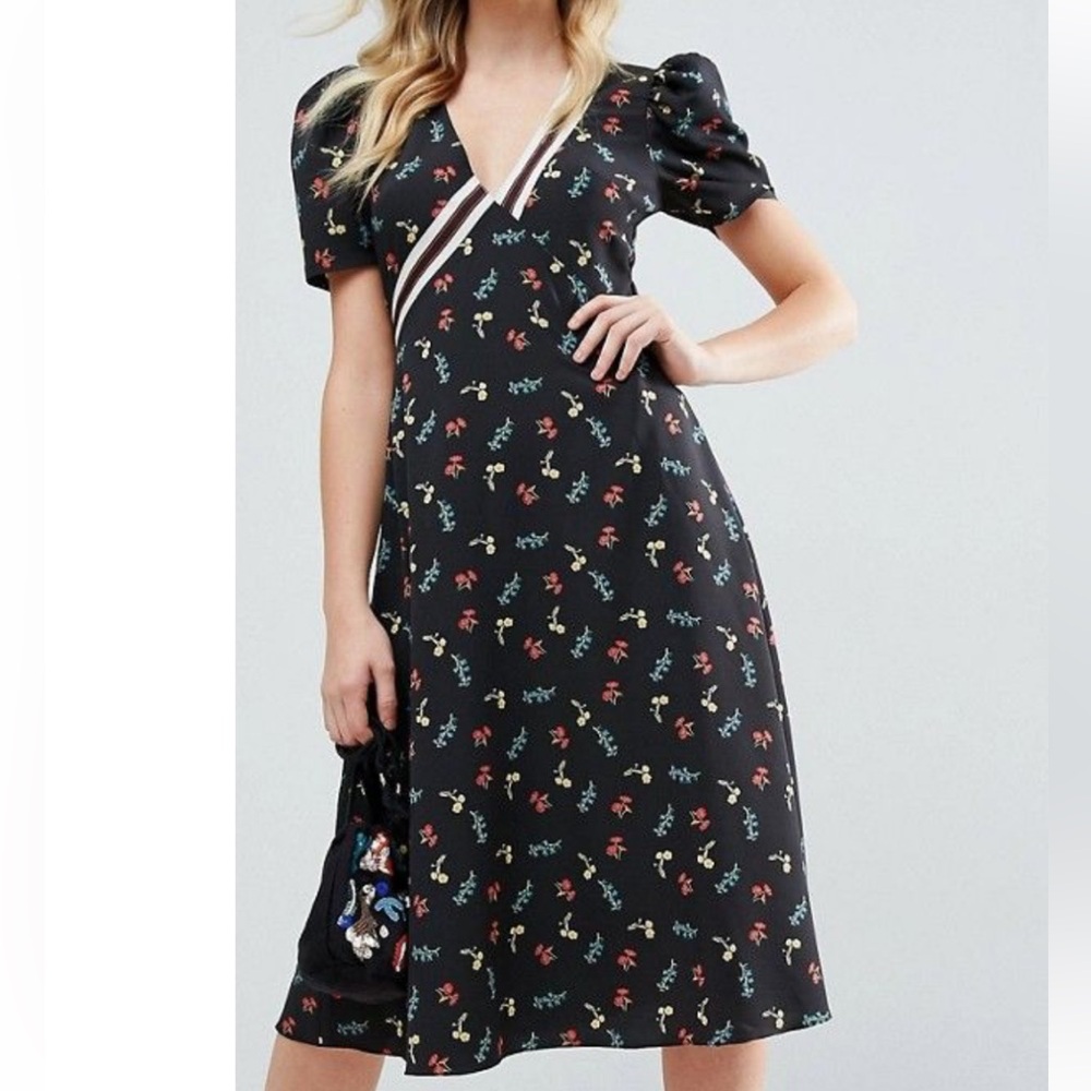 ASOS Ditzy Floral Midi Dress with Striped Necklinr